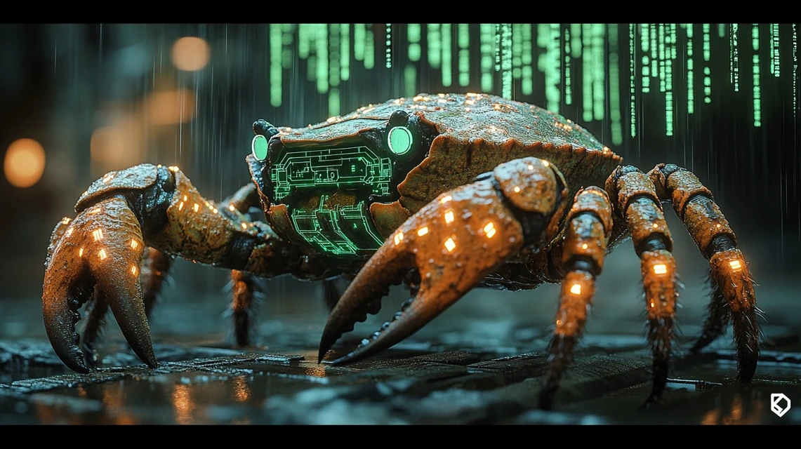 OpenClaw tech crab with emerald energy